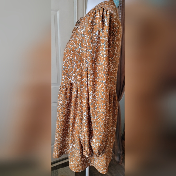 Storia Button-Down Romper Womens S Orange Tan White Floral Long Puff Sleeve Boho - Picture 2 of 12